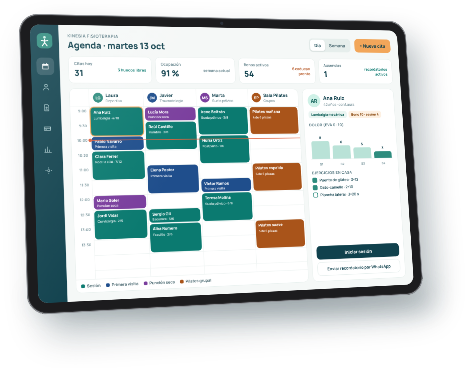 Vista previa de una app de reservas de fisioterapia
